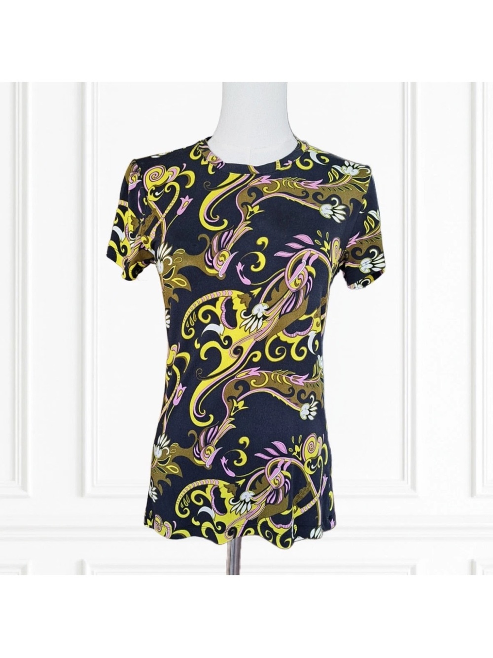 LANEIGE Black Short Sleeve Top with Yellow and Pink Floral Swirl Print